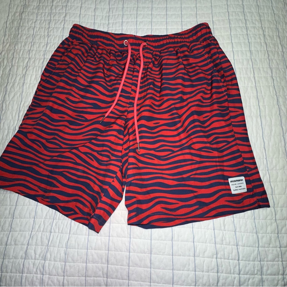 Mossman Australia Men’s Swim Trunk Medium Red‎ Blue Zebra Lined Shorts